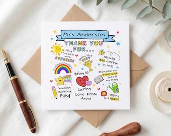 Teacher Thank You Card, Personalized Appreciation Card For Teacher, End Of School Year Card From Student, Cute Hand Drawn Greeting Card