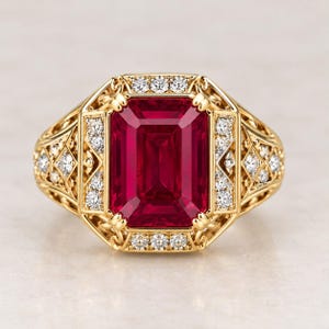 Men’s Ruby Ring, Emerald Cut Red Ruby Statement Ring, 14K Gold Vermeil Sterling Silver, Vintage Filigree Jewelry