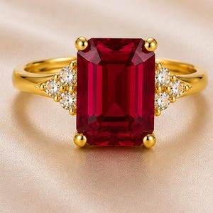 Op de afbeelding: Een gouden ring met een grote, rechthoekige, smaragdgeslepen dieprode edelsteen die door vier pootjes wordt vastgehouden. De ringband is aan weerszijden versierd met een groepje van drie kleine, ronde, helderwitte steentjes in een driehoek.