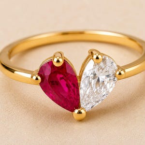 Ruby CZ Heart Ring, 18K Gold Plated Sterling Silver, Pear Cut Promise Ring