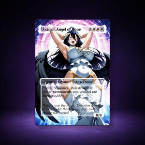 May include: A collectible trading card featuring an anime-style character with long black hair, horns, and large black wings. The character wears a white dress and is set against a glowing purple background. Text includes Avacyn, Angel of Hope.
