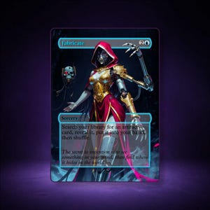 May include: A collectible trading card titled Fabricate featuring a hooded figure in a red cloak and gold armor with mechanical limbs. A floating skull with a red eye is nearby. The card text reads: Search your library for an artifact card.