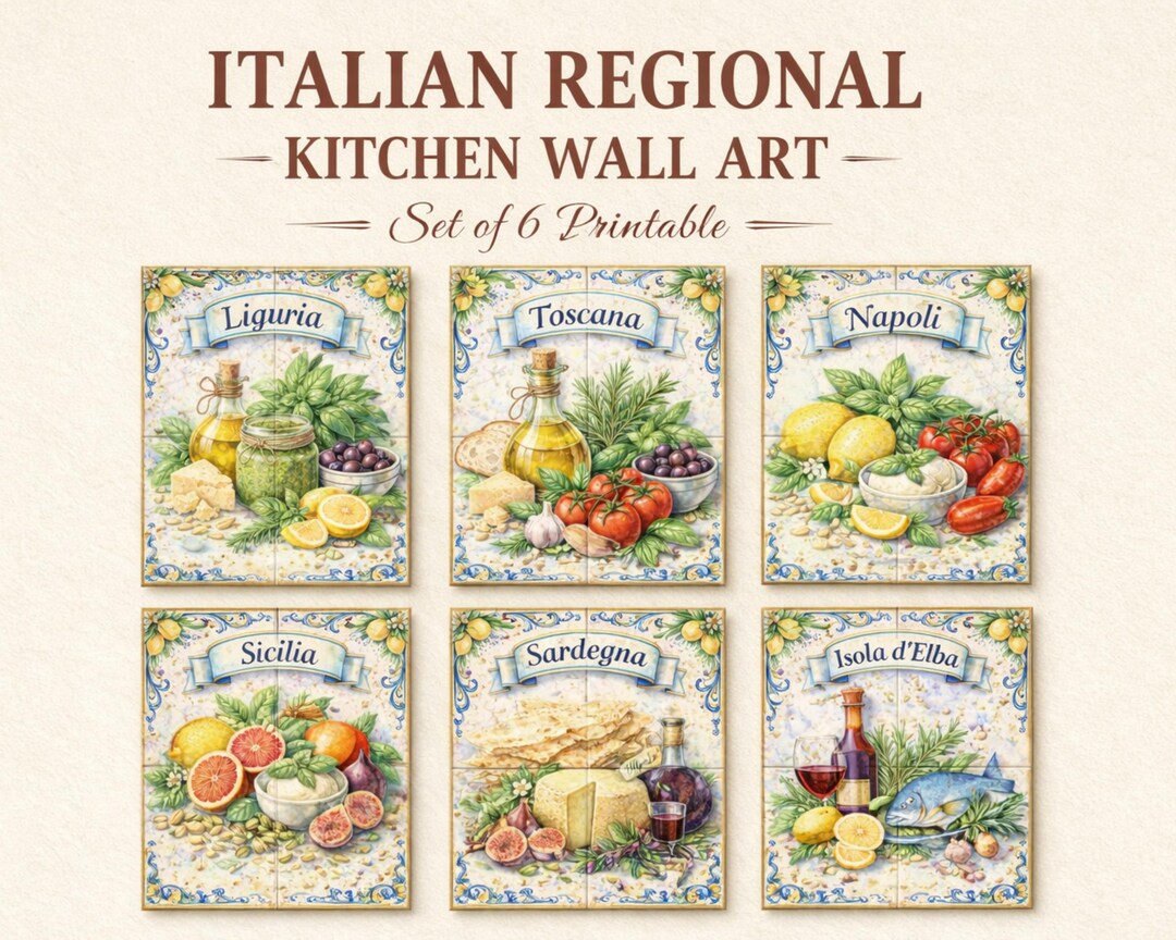 italian kitchen wall decor | kitchen wall art set of... Italian Regional Kitchen Wall Art Set, Vintage Food Prints (digital ...