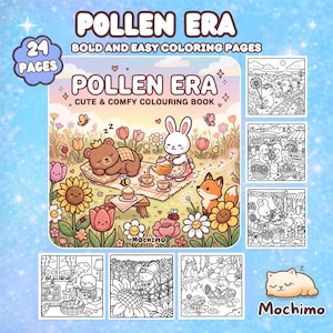 Op de afbeelding: Een kleurboek getiteld "Pollen Era" met de ondertitel "Cute & Comfy Colouring Book". De omslag toont een picknickscène met een beer, een konijn en een vos. Extra pagina's tonen verschillende scènes om in te kleuren. Het boek heeft 24 pagina's.
