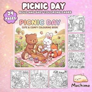 Op de afbeelding: Een kleurboek genaamd "Picnic Day" met 24 pagina's, met schattige dierenillustraties. De omslag toont een beer, konijn en vos die picknicken. Extra kleurplaten worden getoond, met verschillende scènes.