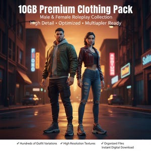 May include: A digital 10GB Premium Clothing Pack for roleplay featuring two figures in a city street. Text reads: 10GB Premium Clothing Pack, Male & Female Roleplay Collection, High Detail, Optimized, Multiapler Ready, Hundreds of Outfit Variations, High Resolution Textures, Organized Files, Instant Digital Download.
