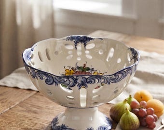 1960s Portuguese Alcobaca Pierced Porcelain Footed Bowl Floral Hand Painted