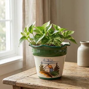 May include: A potted plant with green and white leaves sits in a decorative ceramic pot. The pot is white with a green rim and a painted landscape scene. The pot is on a wooden table near a window.