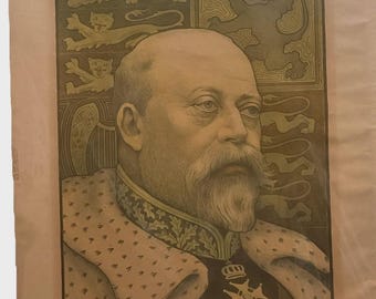 Antique 1901 Paul Berthon Lithograph - King Edward VII Art Nouveau Portrait - Original French Poster Art - 16x20 Royal History Wall Decor