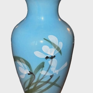 Vintage Sky Blue Crackle Glaze Vase - Hand Painted - Mid Century Robin’s Egg Blue Pottery - Small Chinoiserie Bud Vase - 6.5"