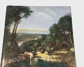 Antique French Porcelain Tile - 19th Century Romantic Landscape Scene - Hand Colored Ceramic Trivet - French Country Decor Vintage Art Tile
