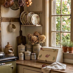 May include: A cozy kitchen scene with a wooden countertop, featuring a white breadbox with floral designs, ceramic jars, and decorative plates. A window with a view of a rose garden is in the background. Dried flowers and herbs add to the rustic charm.