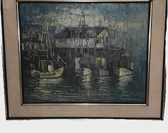 Mid Century Modern Oil Painting by Riise - Original Scandinavian Harbor Scene - Large Textured Impasto Maritime Art -Framed Scandi MCM Decor