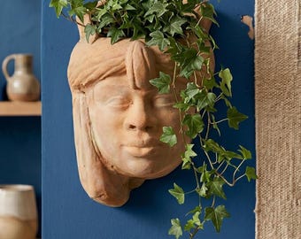 Vintage Terracotta Wall Mask Turban Figurine Mid Century Modern Decor
