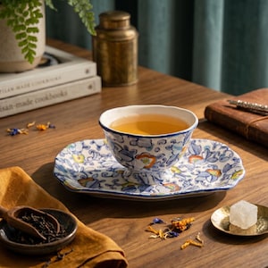 May include: A teacup and saucer set with a floral design. The cup is filled with tea and sits on a matching saucer. The set is white with blue and orange floral patterns. The tea set is on a wooden table.