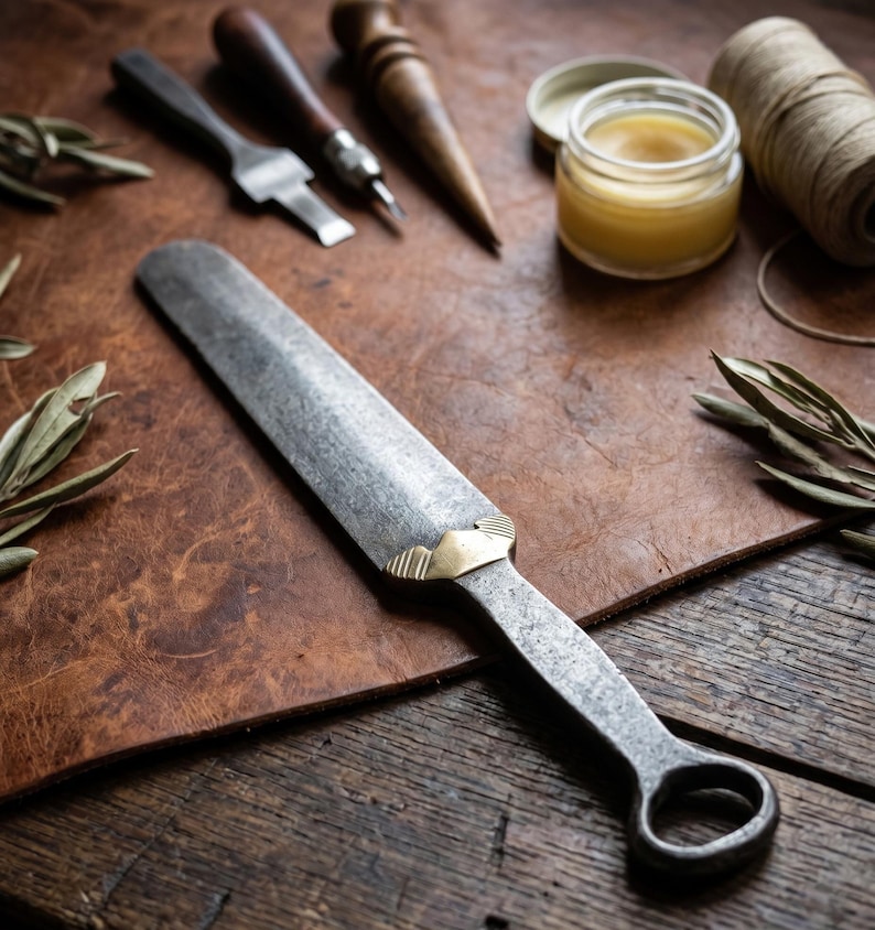 May include: A hand-forged steel leatherworking creaser tool featuring a long, flat, textured blade with a polished brass bolster and a circular ring handle, designed for manual leather crafting and edge finishing tasks.