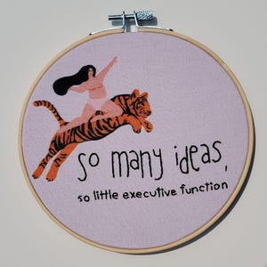 Ideas and Executive Function Hand Embroidery, Framed Hoop Wall Art, Finished Embroidery