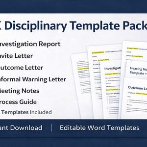 UK Disciplinary Template Pack | Investigation Report, Invite Letter, Outcome Letter | HR Employee Relations Templates