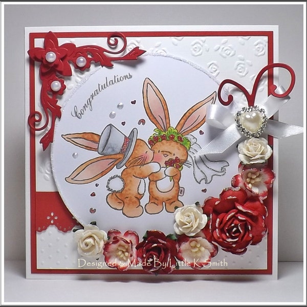 Unique Wedding Handmade & Hand Coloured Greeting Card featuring a Cute Bunny Couple