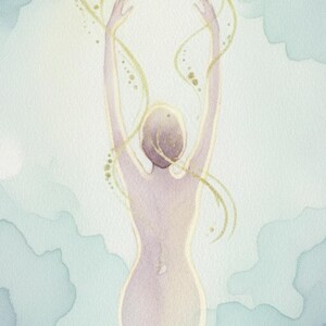 Könnte beinhalten: Ein Kartenspiel mit dem Titel "Threads of Light Healing" zeigt eine Aquarellillustration einer Person mit erhobenen Armen, umgeben von goldenen Linien und weichen blauen Wolken. Das Deck enthält 44 Karten.