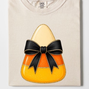 Glitter Bow Candy Corn PNG,  Coquette Halloween PNG Design, Trendy Preppy Halloween clip art png