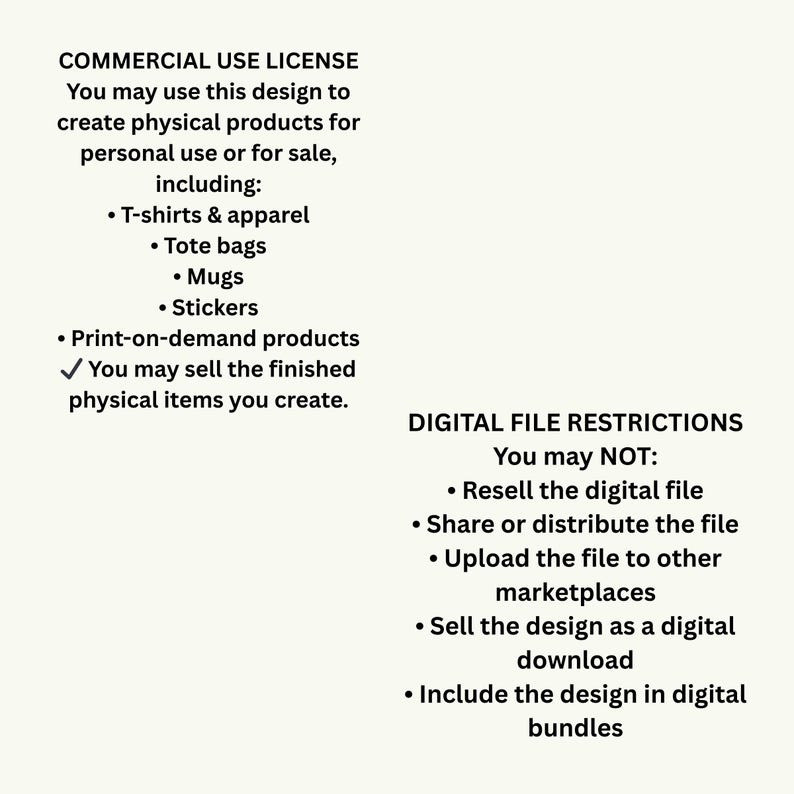 Peut inclure: Un graphique cr&egrave;me avec du texte noir d&eacute;taillant une licence d'utilisation commerciale pour les cr&eacute;ations num&eacute;riques. Il &eacute;num&egrave;re les utilisations autoris&eacute;es telles que les v&ecirc;tements, les sacs fourre-tout, les tasses et les autocollants. Les restrictions incluent la revente du fichier num&eacute;rique.