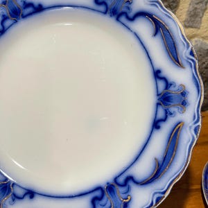 May include: A round porcelain plate with a white center and a scalloped edge. The rim features a decorative pattern of deep blue scrollwork and floral motifs, accented with thin gold lines that trace the edges and highlight the blue designs.