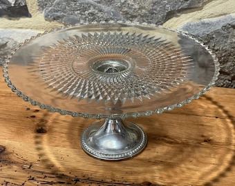 Vintage Kuchenständer aus Glas mit versilbertem Sockel, Hobnail Rand, Starburst Muster.
