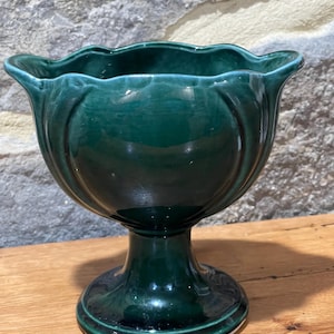 Vintage Hull Pottery F33 model, Tulip Pedestal Vase Planter, glossy green drip glaze.