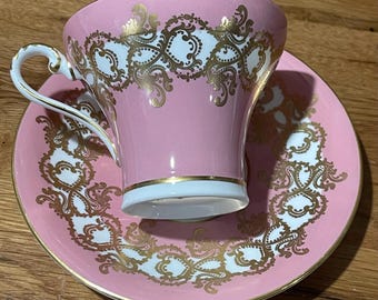 Vintage Aynsley fine bone china 1215 teacup and saucer set, pink and gold.