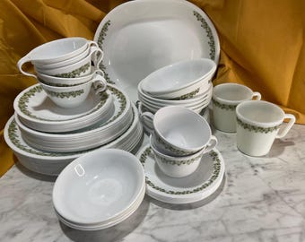 Vintage Corelle Spring Blossom green dish set, Crazy Daisy Dishes
