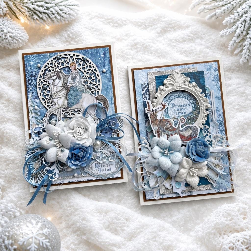 Winter Christmas Card, Handmade Holiday Greeting Card, Blue Winter Card, Luxury Christmas Card, Seasonal Gift Card, OOAK Card