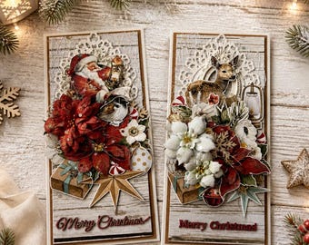 May include: Two rectangular Christmas cards featuring a wood-plank background. The left card shows Santa Claus, a bird, red poinsettias, and gifts. The right card displays a deer, white poinsettias, and a lantern. Both cards feature Merry Christmas text.