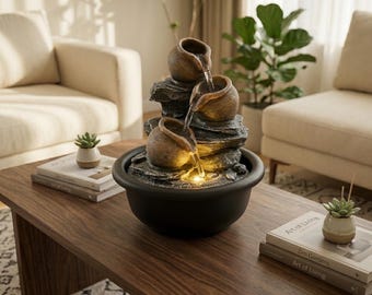 Fontana d'acqua da interno a più livelli - Cascata da tavolo a LED con decorazione zen per casa e ufficio