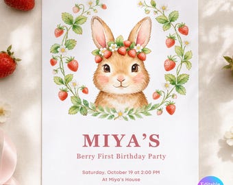 Strawberry Bunny First Birthday Invitation, Editable Canva Berry Party Invite, 5x7 Instant Download