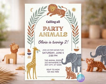 Safari Birthday Invitation Template, Editable Canva Animal Party Invite, Any Age 5x7 Instant Download