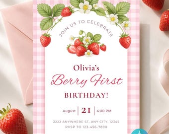 Strawberry First Birthday Invitation, Editable Canva Berry Party Invite, 5x7 Instant Download