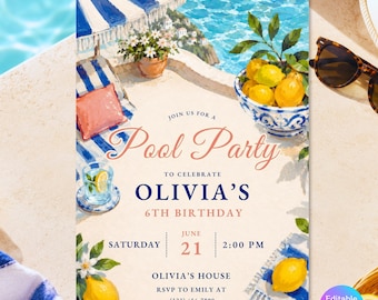 Editable Lemon Pool Party Birthday Invitation, Coastal Watercolor Template