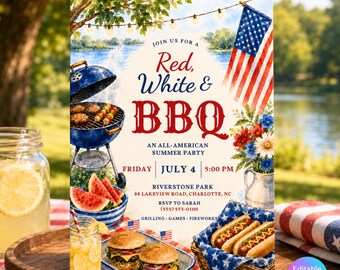 Editable Fourth of July BBQ Invitation, Patriotic Watercolor Template