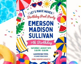 Pool Party Birthday Invitation, Editable Canva Summer Beach Invite, Any Age 5x7 Instant Download