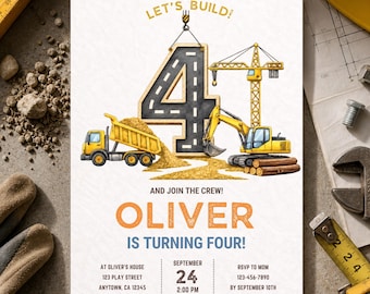 Editable Construction 4th Birthday Invitation for Boys, Dump Truck Template