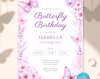 Butterfly Birthday Invitation Template, Editable Canva Pink Garden Party Invite, Girls Any Age 5x7 Instant Download
