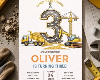 Editable Construction 3rd Birthday Invitation for Boys, Dump Truck Template