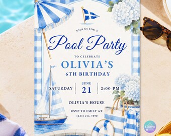 Preppy Pool Party Birthday Invitation, Editable Canva Coastal Gingham Invite, Any Age 5x7 Instant Download