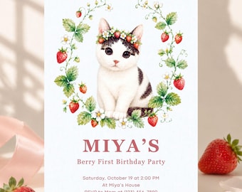 Editable Strawberry Cat First Birthday Invitation for Girls, Template