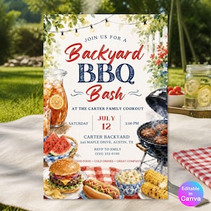 May include: A printed invitation for a Backyard BBQ Bash at the Carter family cookout on July 12 at 3:00 PM. The design features watercolor illustrations of a burger, hot dog, watermelon, corn, and a grill, with string lights at the top.