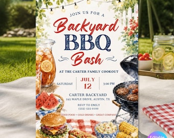 Editable Backyard BBQ Invitation for Summer Cookout, Watercolor Template
