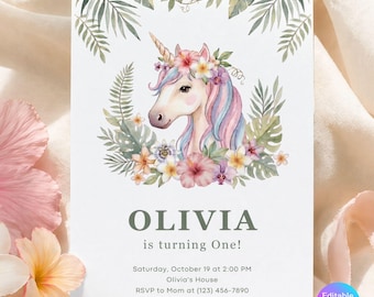 Tropical Unicorn Birthday Invitation, Editable Canva Floral Invite, Girls Any Age 5x7 Instant Download