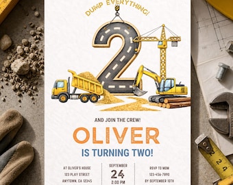 Editable Construction 2nd Birthday Invitation for Boys, Dump Truck Template