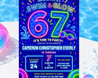 Editable Swim and Glow Birthday Invitation, Neon Pool Party Template